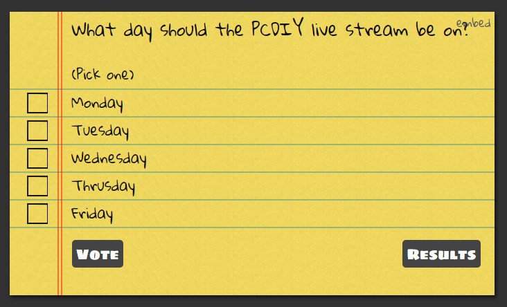 What day should be the PCDIY live stream be on?