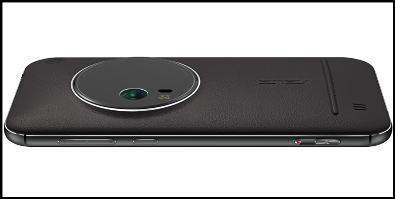 The side of the ZenFone Zoom features a volume rocker/zoom toggle, power button, and dedicated record and shutter buttons