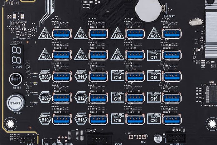 The ASUS H370 Mining connects 20 GPUs to one motherboard with PCIe over USB -