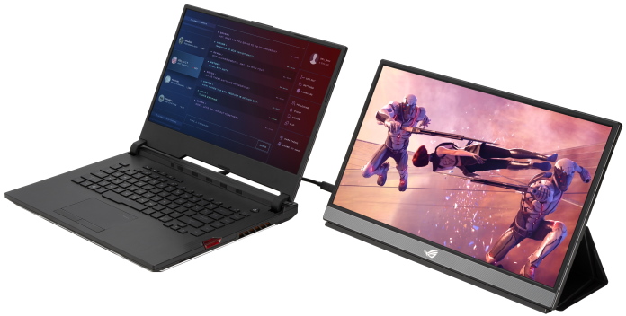 ROG laptop connected to the ROG Strix XG17AHPE portable monitor