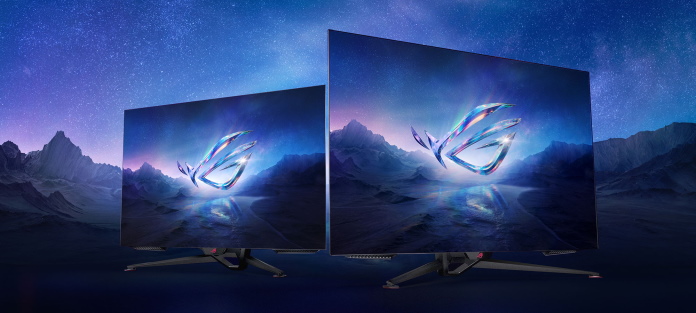 The ROG Swift OLED PG48UQ and PG42UQ gaming monitors side by side against a stylized background