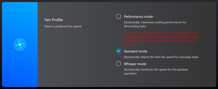 Fan profile settings in the MyASUS app