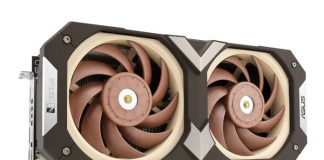 An front view of the ASUS GeForce RTX 3080 Noctua Edition's shroud and fans.
