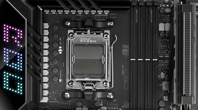 Closeup of CPU socket on ROG Crosshair X670E Extreme motherboard