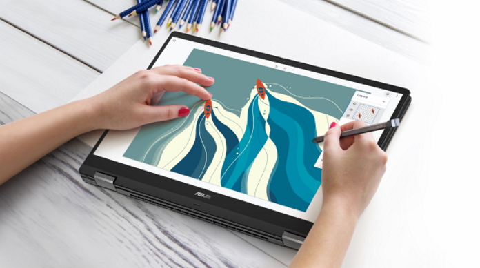 ASUS Chromebook CX5 in tablet mode with a student drawing on it using a stylus