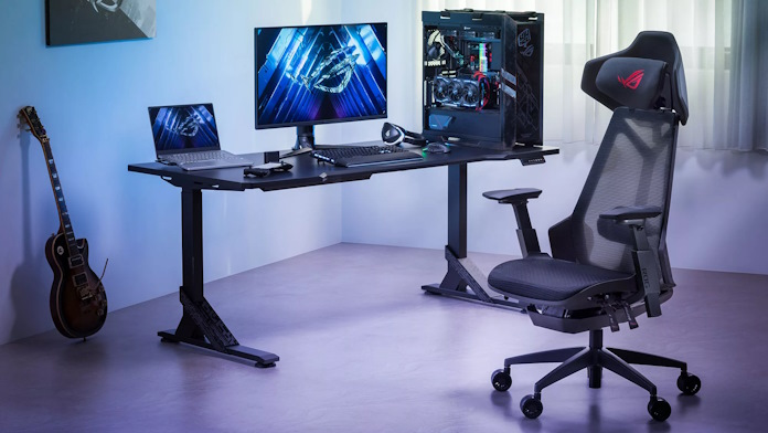 The ROG Destrier Ergo gaming chair in front of a full gaming battlestation