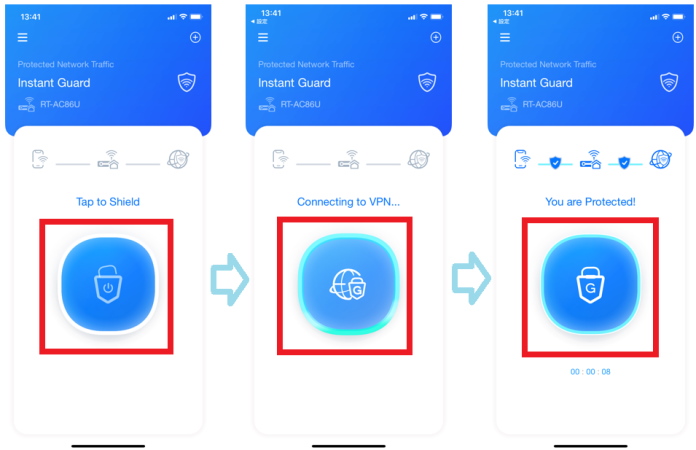 Sequence of connecting to ASUS Instant Guard using the smartphone app