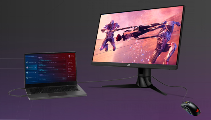 ROG Strix XG249CM monitor connected to gaming laptop and mouse 