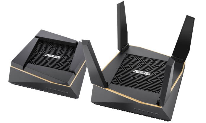 Two-pack of ASUS RT-AX92U mesh WiFi system, one with antennas raised