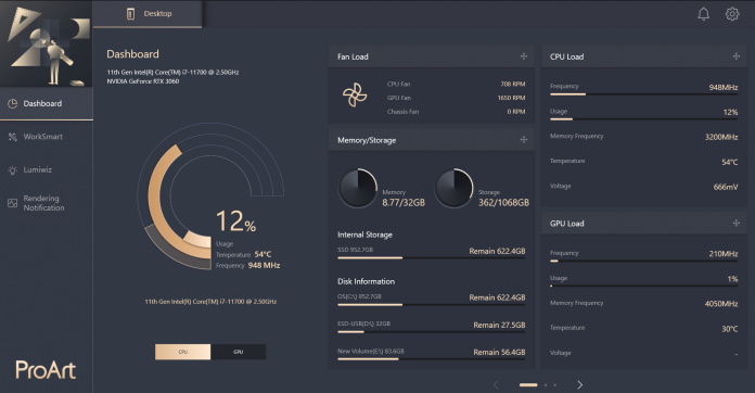 Screenshot of ProArt Creator Hub dashboard interface