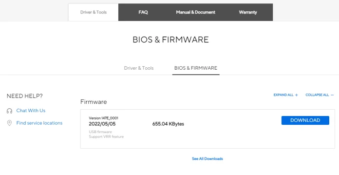 Screenshot of Bios and Firmware support page where users can download the firmware update for VRR passthrough