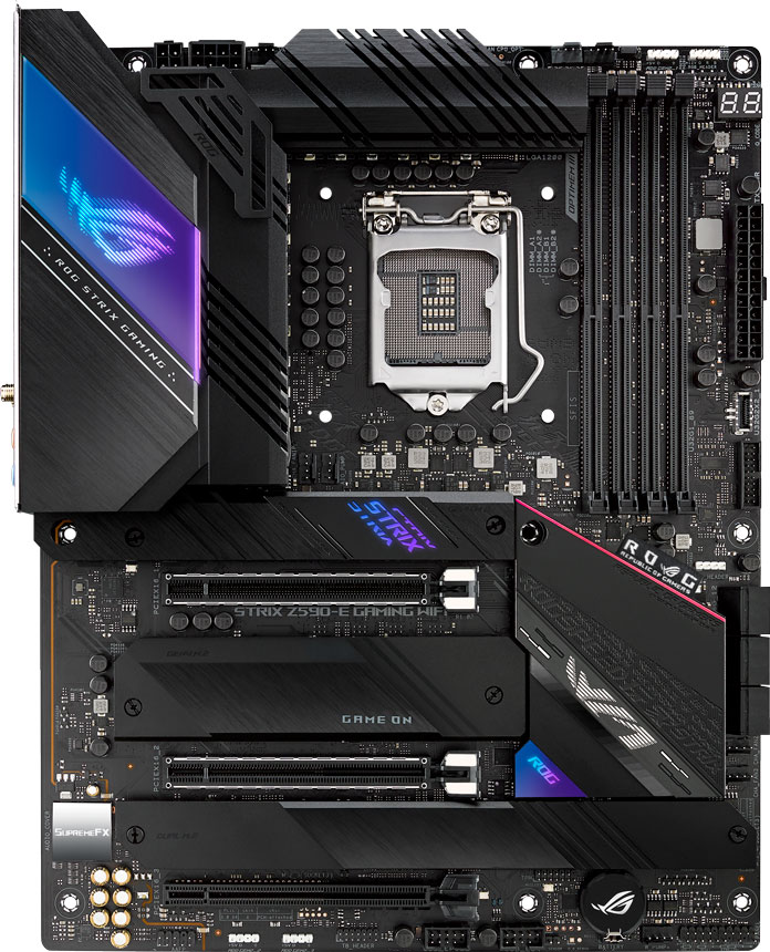 Overhead view of the ROG Strix Z590-E Gaming WiFi motherboard