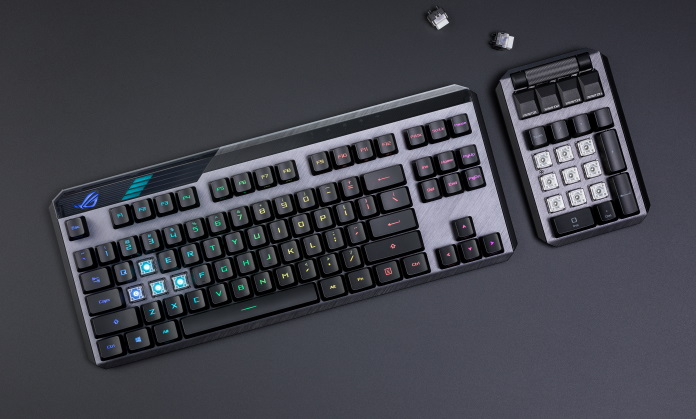 ROG Claymore II keyboard with detached numpad and loose key switches 