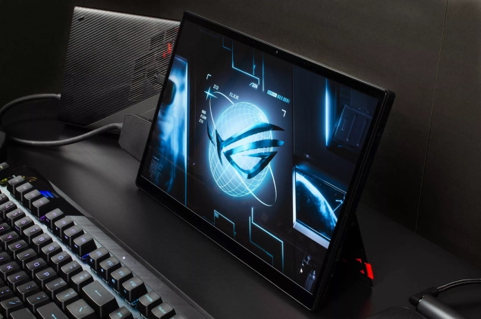 ROG Flow Z13 gaming laptop connected to full desktop setup with ROG XG Mobile