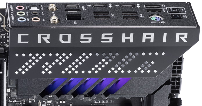 I/O shield and ports on the ROG Crosshair X670E Gene motherboard