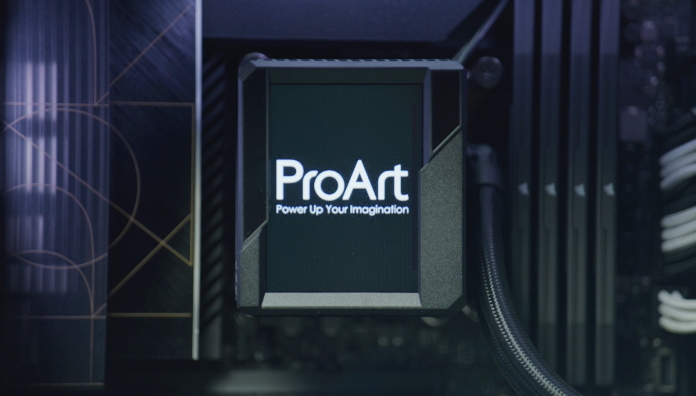 Closeup of the CPU cooler on a ProArt motherboard