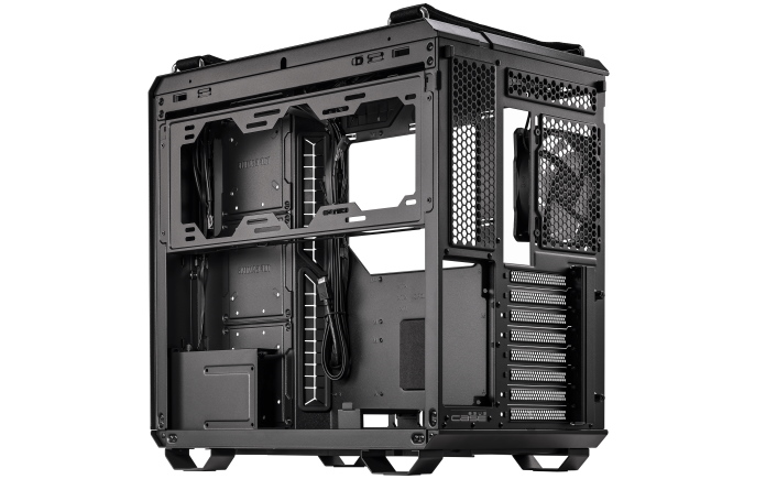 Rear chamber of TUF Gaming GT502 case that houses PSU, cable management, and a flexible bracket