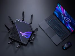 ROG Rapture GT-AXE16000 quad-band gaming router and ROG Strix laptop