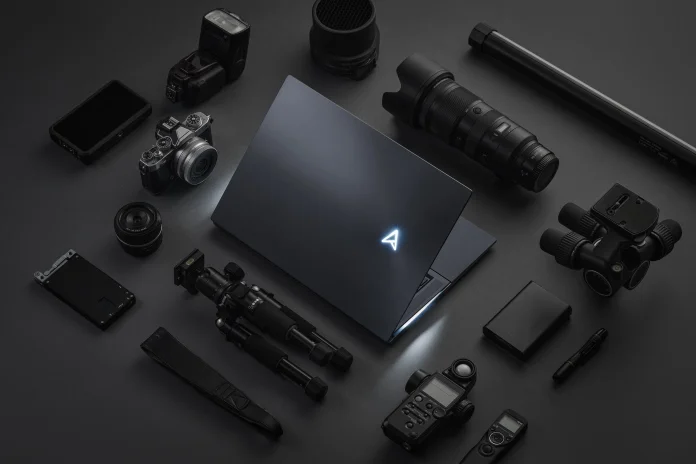 Zenbook Pro laptop with a variety of camera gear around it 