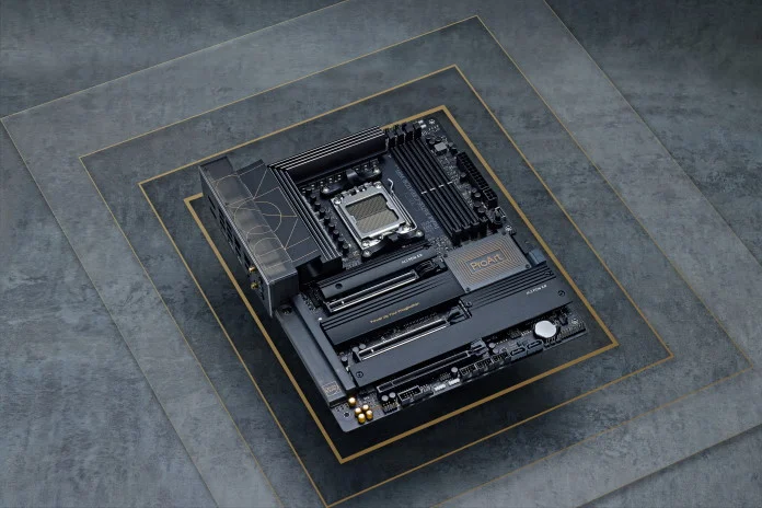 Closeup of AM5 socket on ROG Crosshair motherboard