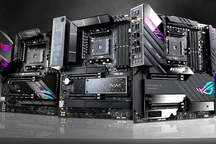 ASUS X570 motherboard family arranged in a row