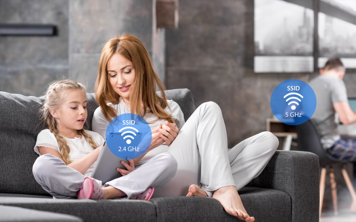 Woman and child sitting on a couch reviewing educational materials while operating on a different network band than a man in the background