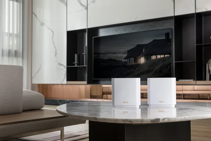 ZenWiFi AX mesh WiFi system in a living room in front of an entertainment center