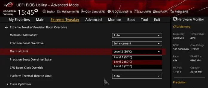 UEFI BIOS settings for PBO Enhancement showing the dropdown menu for users to select their preferred temperature level