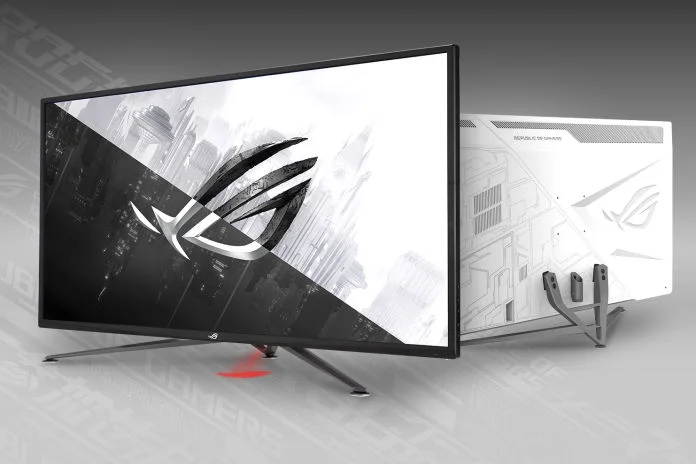 ROG Strix XG43UQ gaming monitor from front and back
