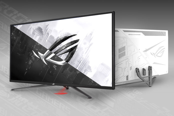 ROG Strix XG43UQ gaming monitor from front and back 