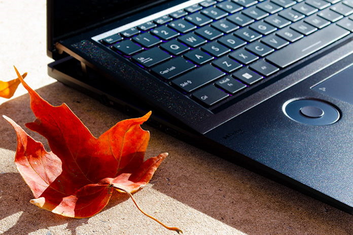 The built-in ASUS dial on the deck of the Zenbook Pro 16X OLED as the laptop sits next to a fallen leaf