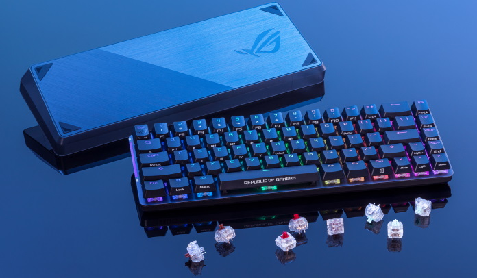 ROG Falchion gaming keyboard on a table with several keycaps removed 