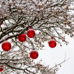 Holiday ornaments hanging from a tree against a snowy background