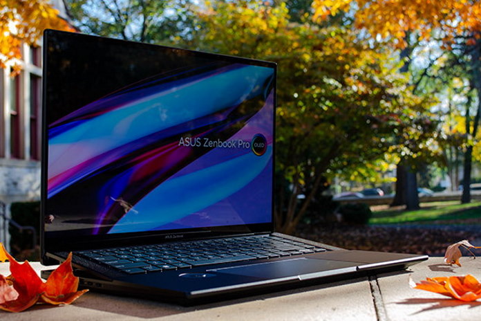 Zenbook Pro 16X OLED laptop outside during the fall 