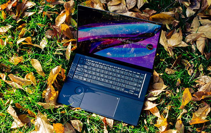 Looking down on the Zenbook Pro 16X OLED on a leaf-strewn lawn