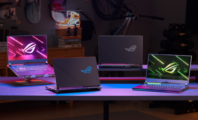 A selection of ROG Strix SCAR laptops arranged on a table