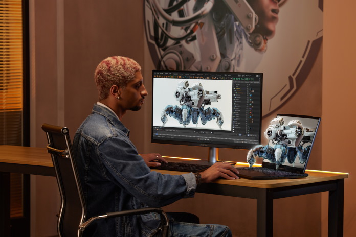 3D assets designer using the ProArt Studiobook 16 3D OLED to design a robotic creature