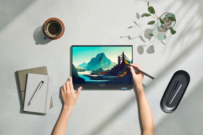 A person using a stylus to create digital art using the Zenbook 14 Flip OLED laptop 