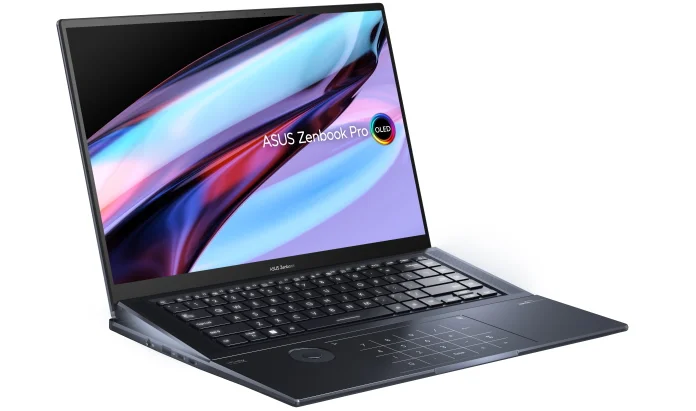 The Zenbook Pro 16X OLED laptop across a stylized CGI background