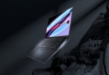 The Zenbook Pro 16X OLED laptop across a stylized CGI background