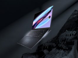 The Zenbook Pro 16X OLED laptop across a stylized CGI background