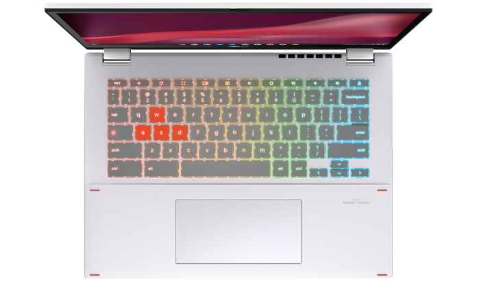 Overhead view of the 4-zone RGB LED backlit keyboard on the Chromebook Vibe CX34 Flip
