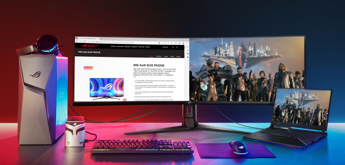 ROG Strix XG49WCR ultrawide monitor connected to a desktop and a laptop simultaneously with Smart KVM