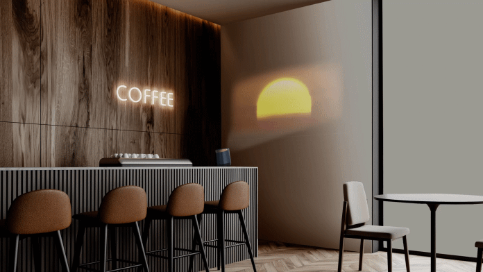 The ZenBeam L2 using light wall functionality to bring warmth and style to a coffee shop