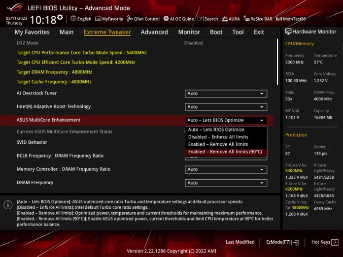 Screenshot of the UEFI Bios showing the options for ASUS MultiCore Enhancement