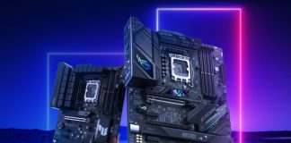 TUF Gaming and ROG Strix B760 motherboards across a futuristic background of neon lights