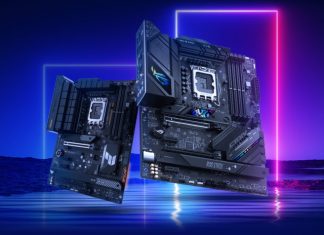 TUF Gaming and ROG Strix B760 motherboards across a futuristic background of neon lights