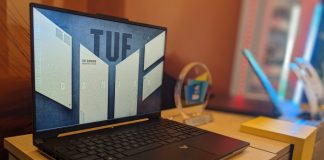 TUF Gaming A16 laptop next to its CES Innovation award