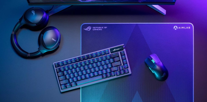 ROG Azoth gaming keyboard, ROG Harpe Ace Aim Lab Edition gaming mouse, ROG Hone Aimlab Edition mousepad