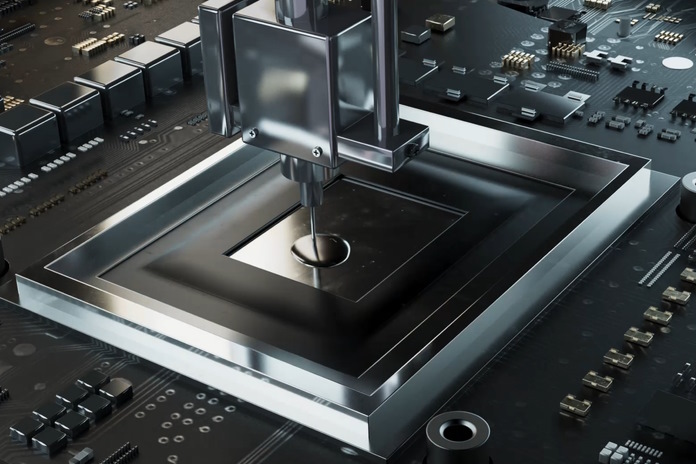 A depiction of the automated painting process of applying liquid metal thermal compound 